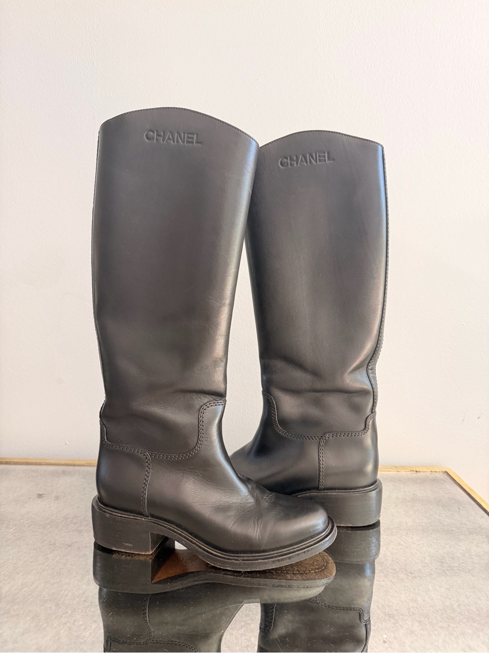 CHANEL Black Leather Tall Riding Boots